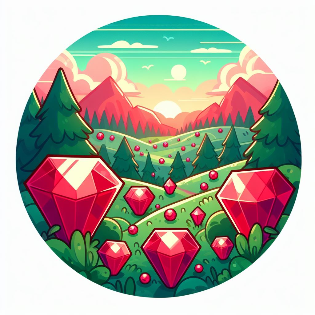 a grassy landscape with ruby gems scattered around like flowers and a sunsetting sky