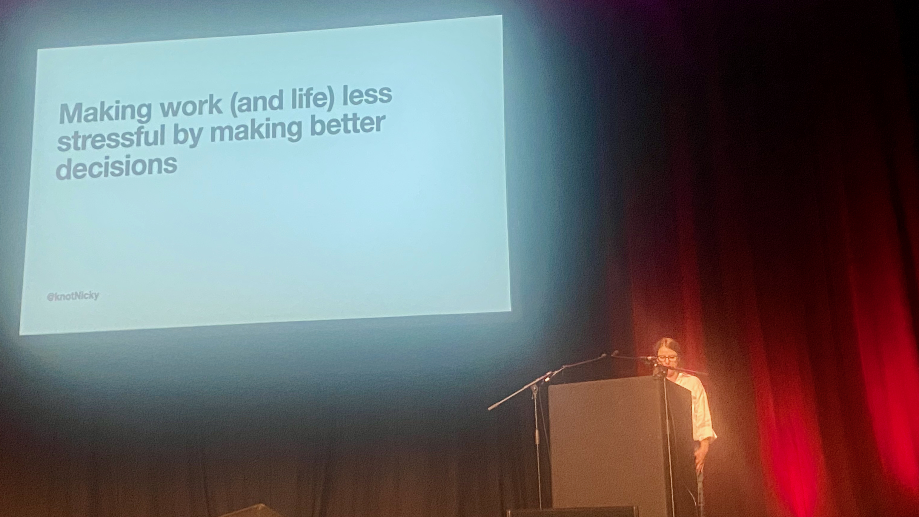 Nicky Thompson giving her talk "Making Work (& Life) Less Stressful" at
Brighton Ruby 2024