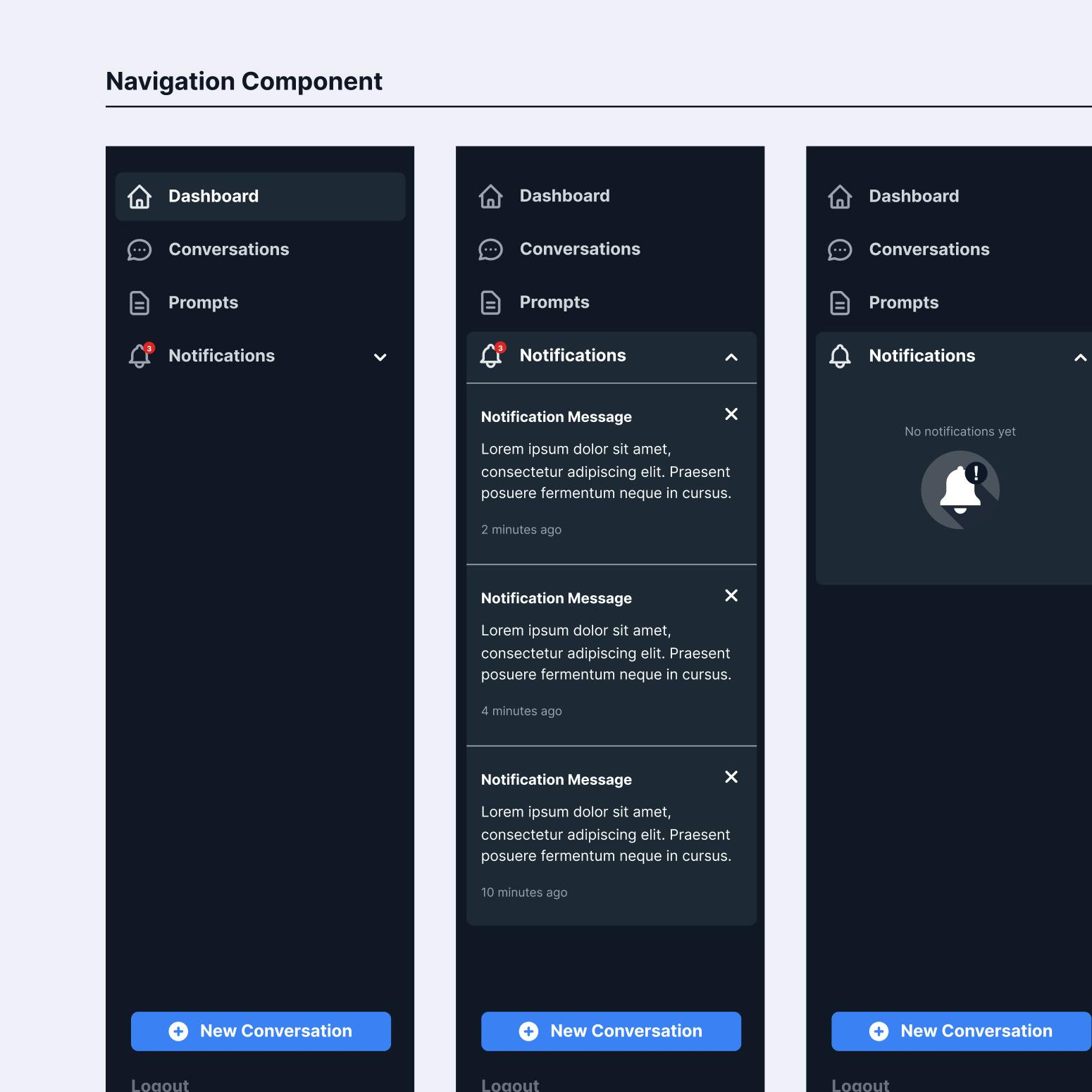 Screenshots of different states of the navigation component for the Generative AI product.