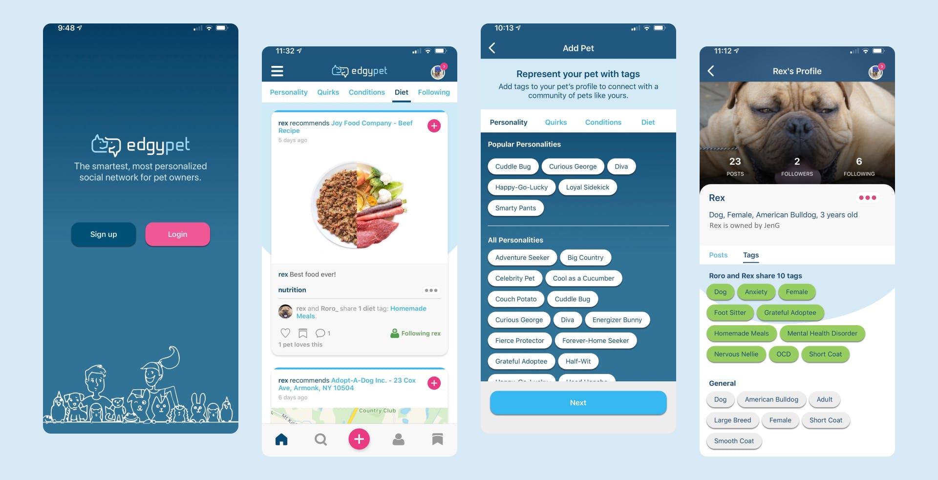Four screens from the EdgyPet project on a light blue background; a login screen, feed screen, add a pet screen, pet profile screen