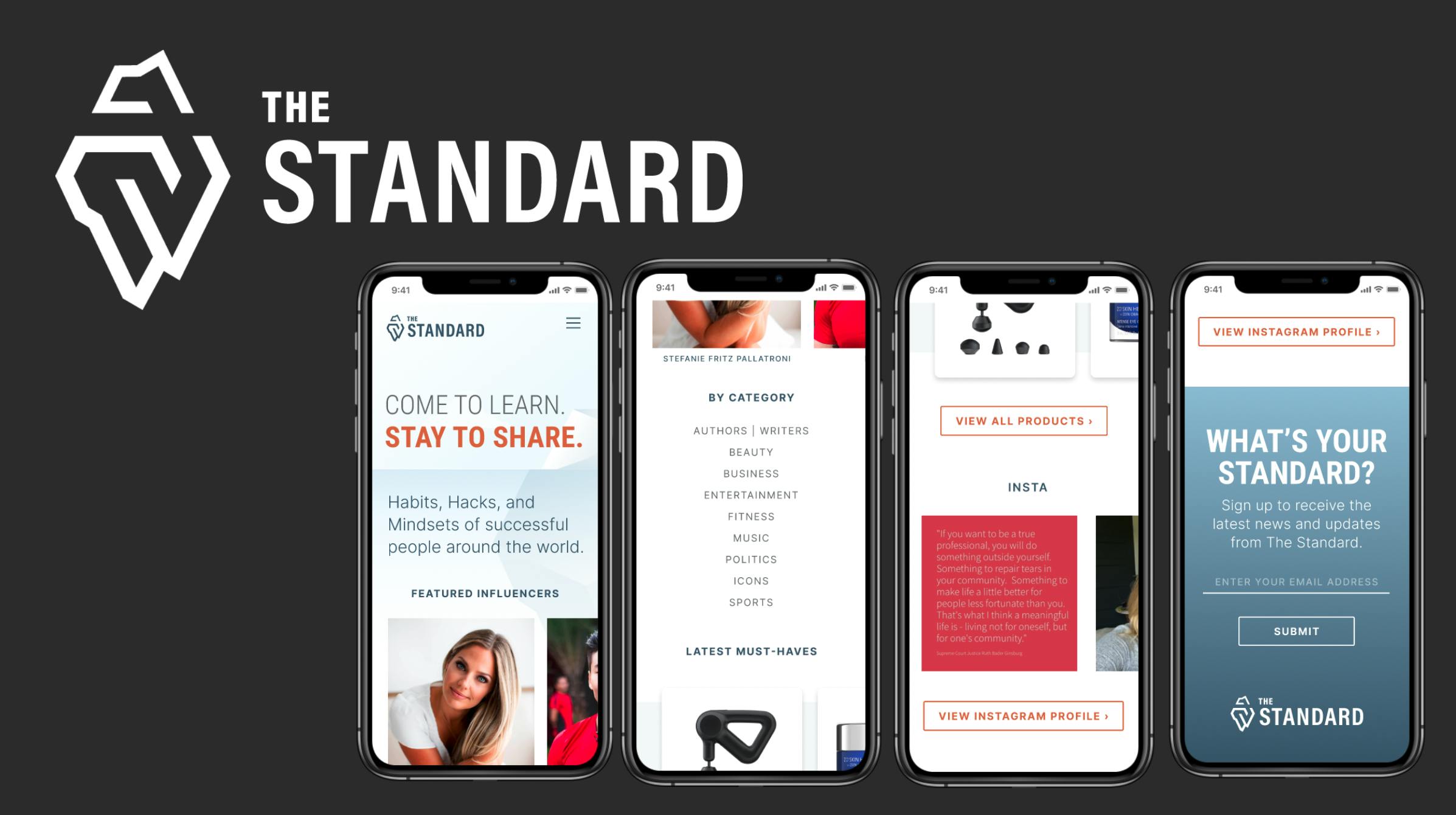 4 screens on mobile phones of The Standard platform on a dark background with The Standard logo.