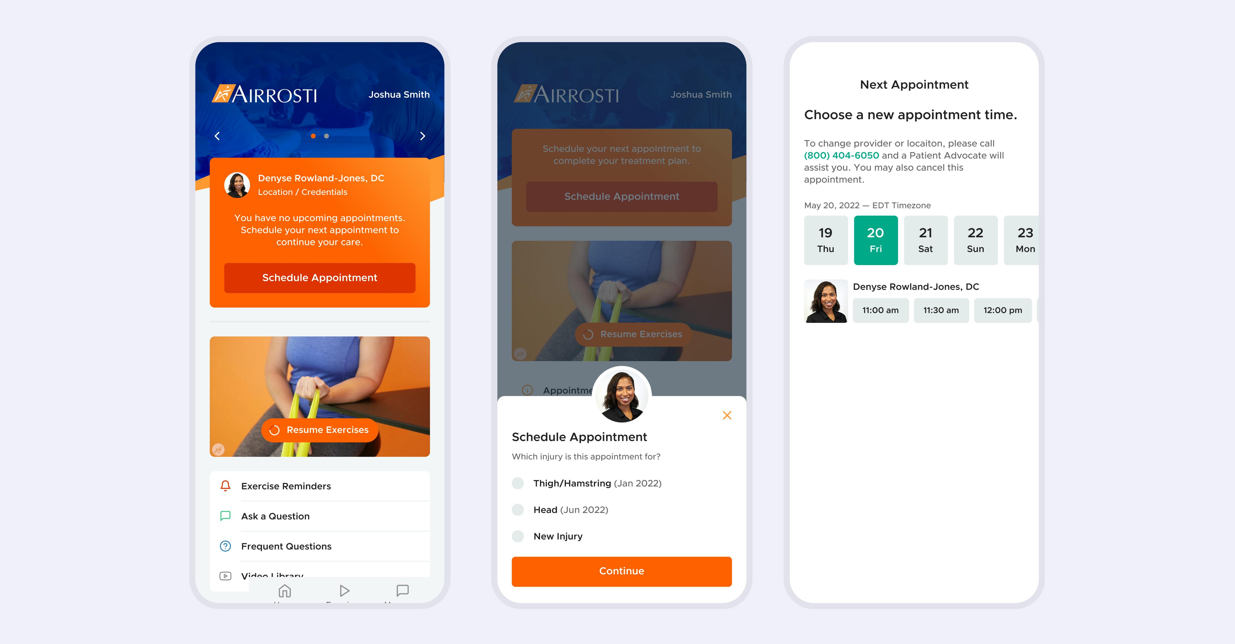 Three consecutive snapshots of the Airrosti mobile app. The snapshots show the user's journey through scheduling an appointment.