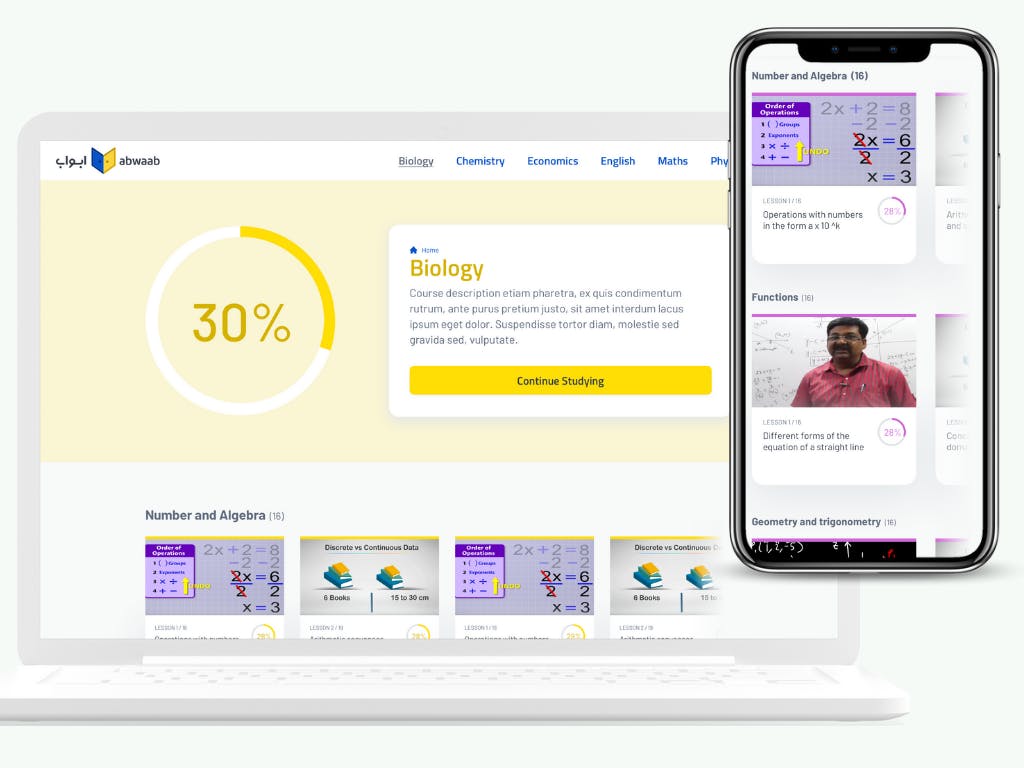 Image of a laptop showing Abwaab course progress screen & a mobile phone displaying mathematics course modules 