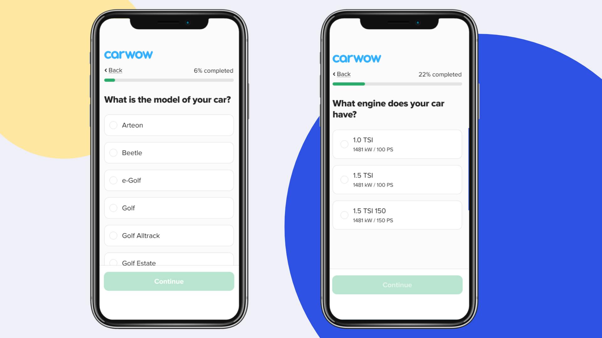 Two mobile phones showing screens from the seller input steps of the Carwow Sell Your Car product