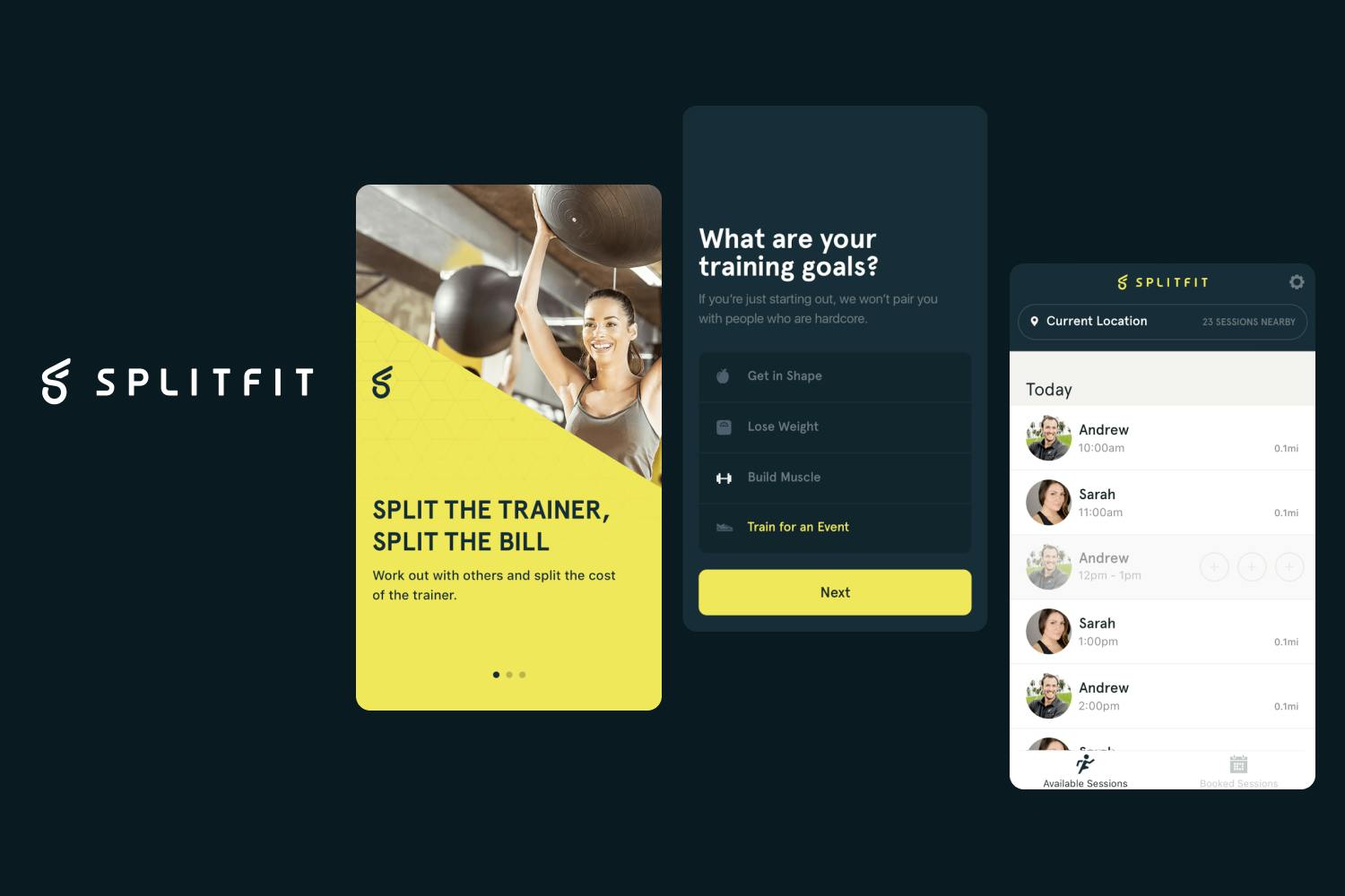 3 screenshots from the SplitFit app on a dark background with the logo
