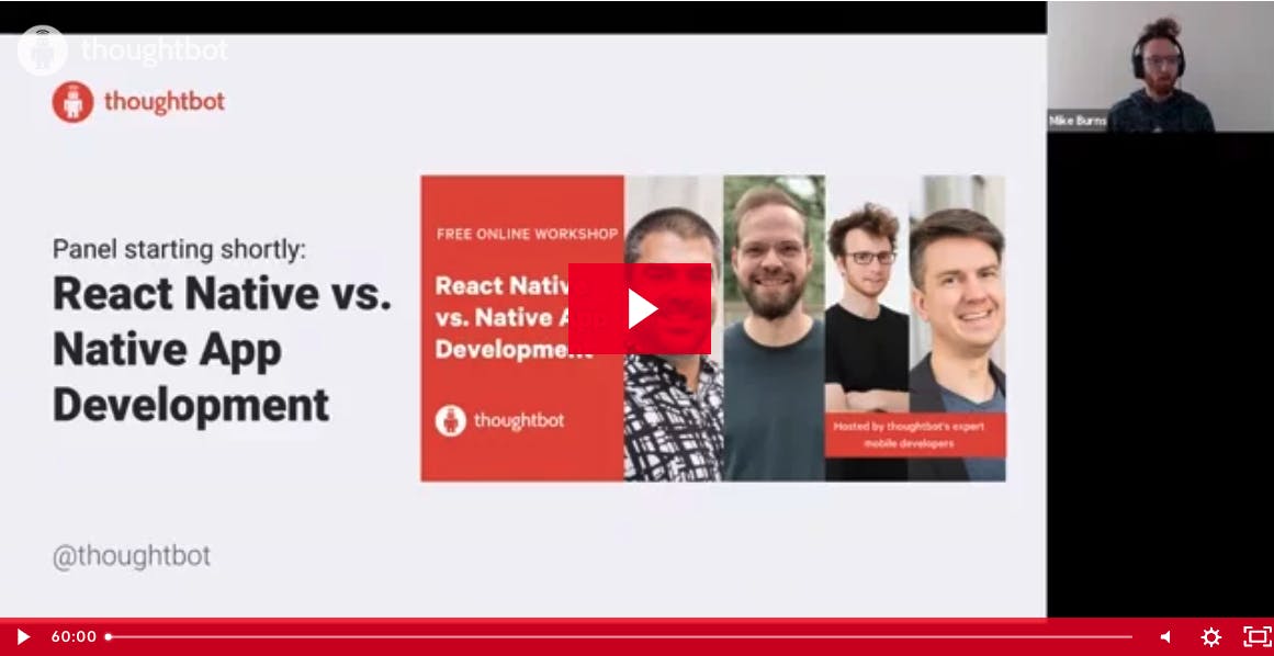 A screenshot of a video player with a thumbnail of a person in the top right and the main screen says react native vs native app development.