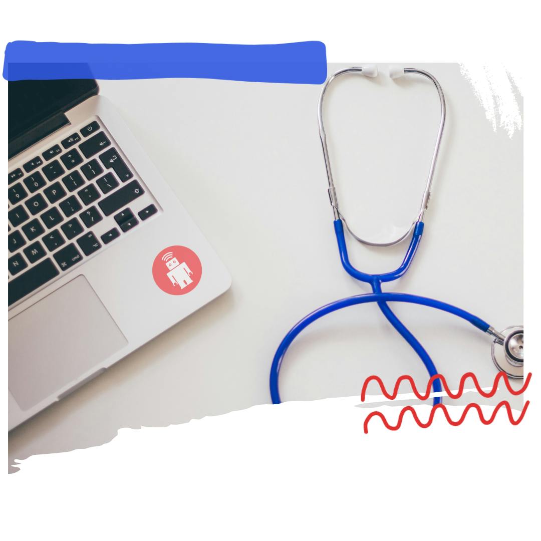 A closeup of a laptop with the thoughtbot logo and a stethoscope.