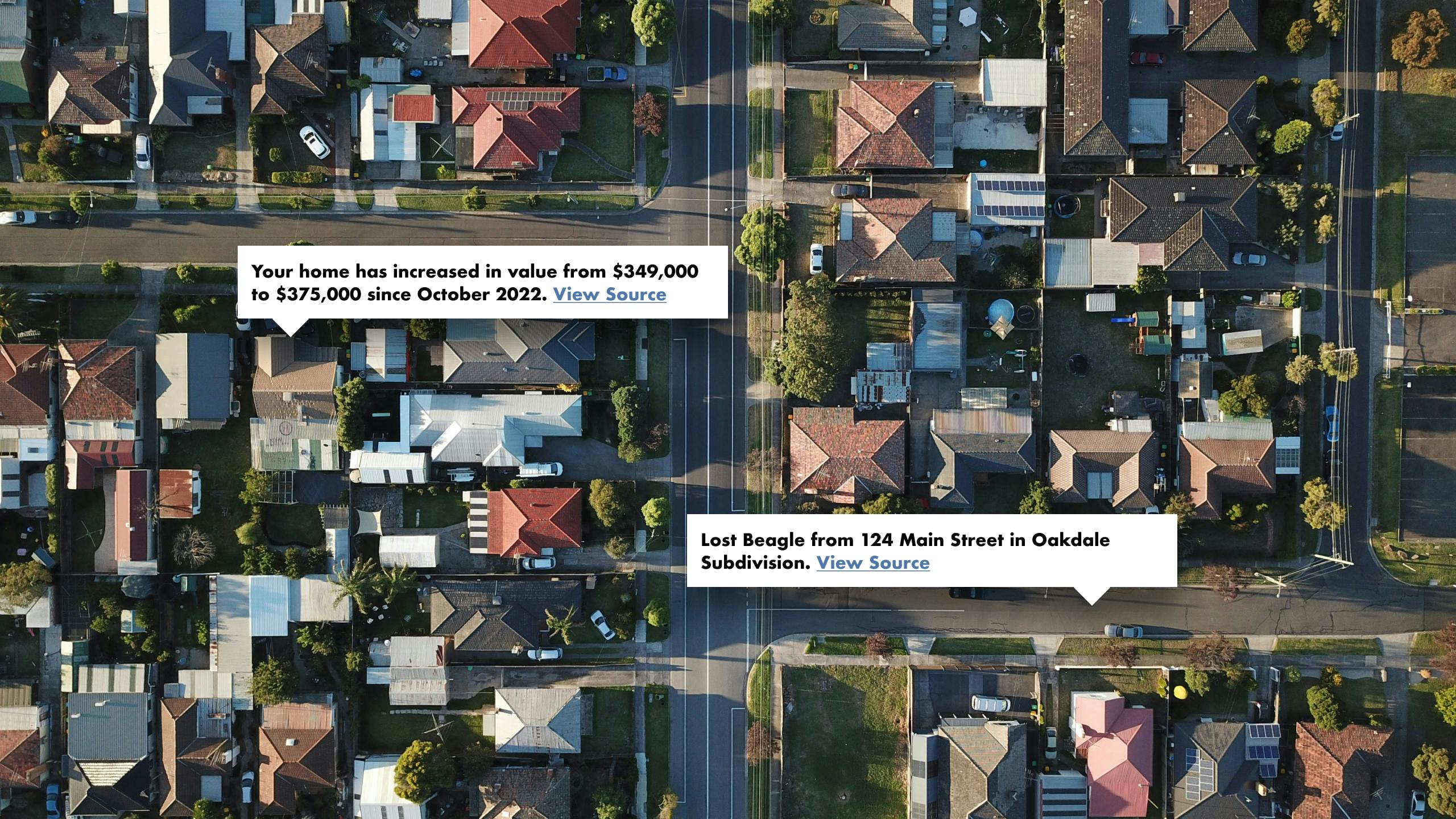 Looking straight down at a neighborhood from above with text overlaying houses that displays data about the neighborhood.