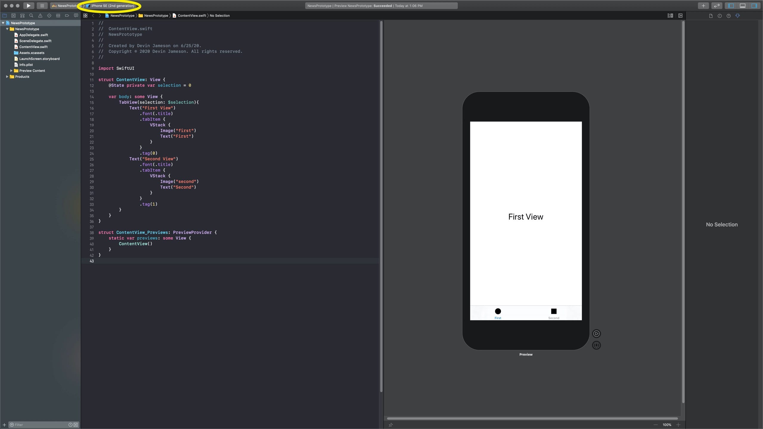 The Xcode interface. On the left is the Project Navigator and the file ContentView.swift. Above this, there is an overlayed yellow circle around the part of the Xcode interface that enables users to change the preview device. The current preview device is iPhone SE (2nd generation). On the right is the iPhone SE (2nd generation). On its screen is a preview of the prototype. On the prototype is the text "First View" and a tab bar with two options: First and Second.