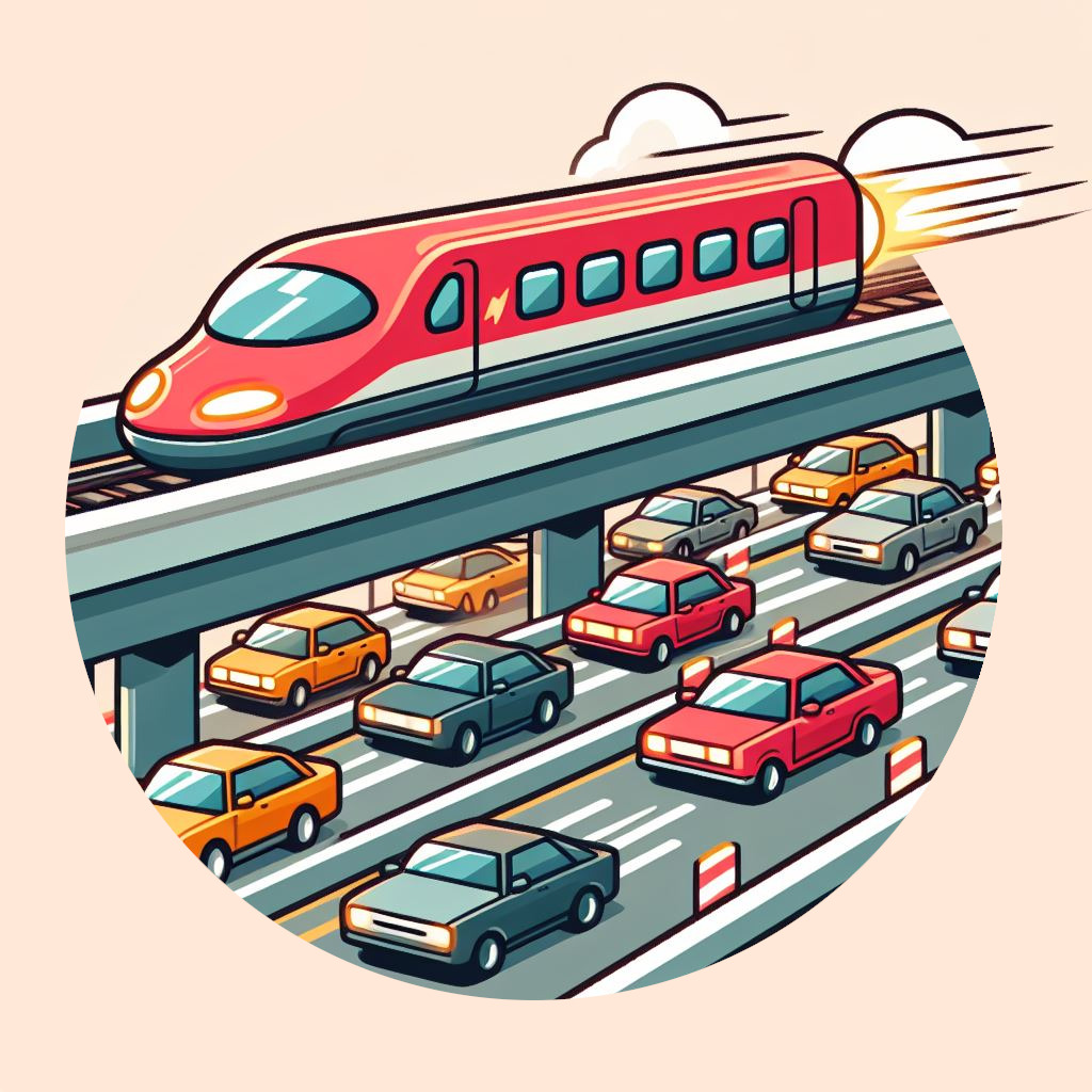 a cartoon picture of a car track with high traffic, with a red bullet train runs on a track on top of it