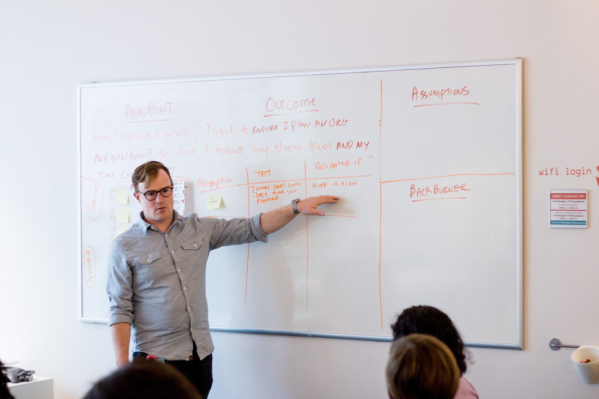 Kyle in front of a whiteboard facilitating a design sprint
workshop