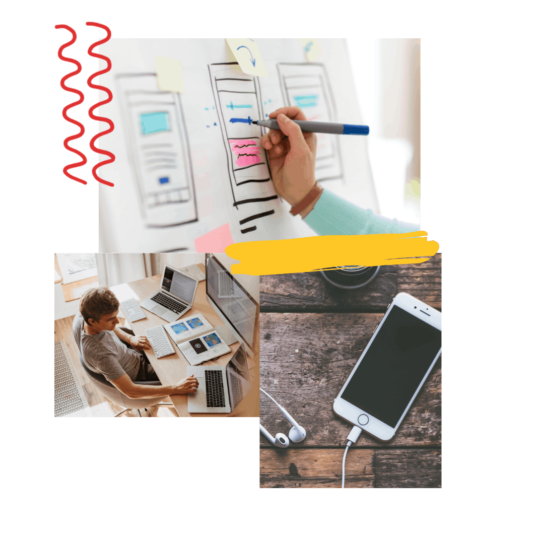 A collage of three photos: a teammate sketching mobile screen layouts on a flipchart; a teammate coding at a desk with multiple monitors; a mobile phone and earbuds sitting on a table