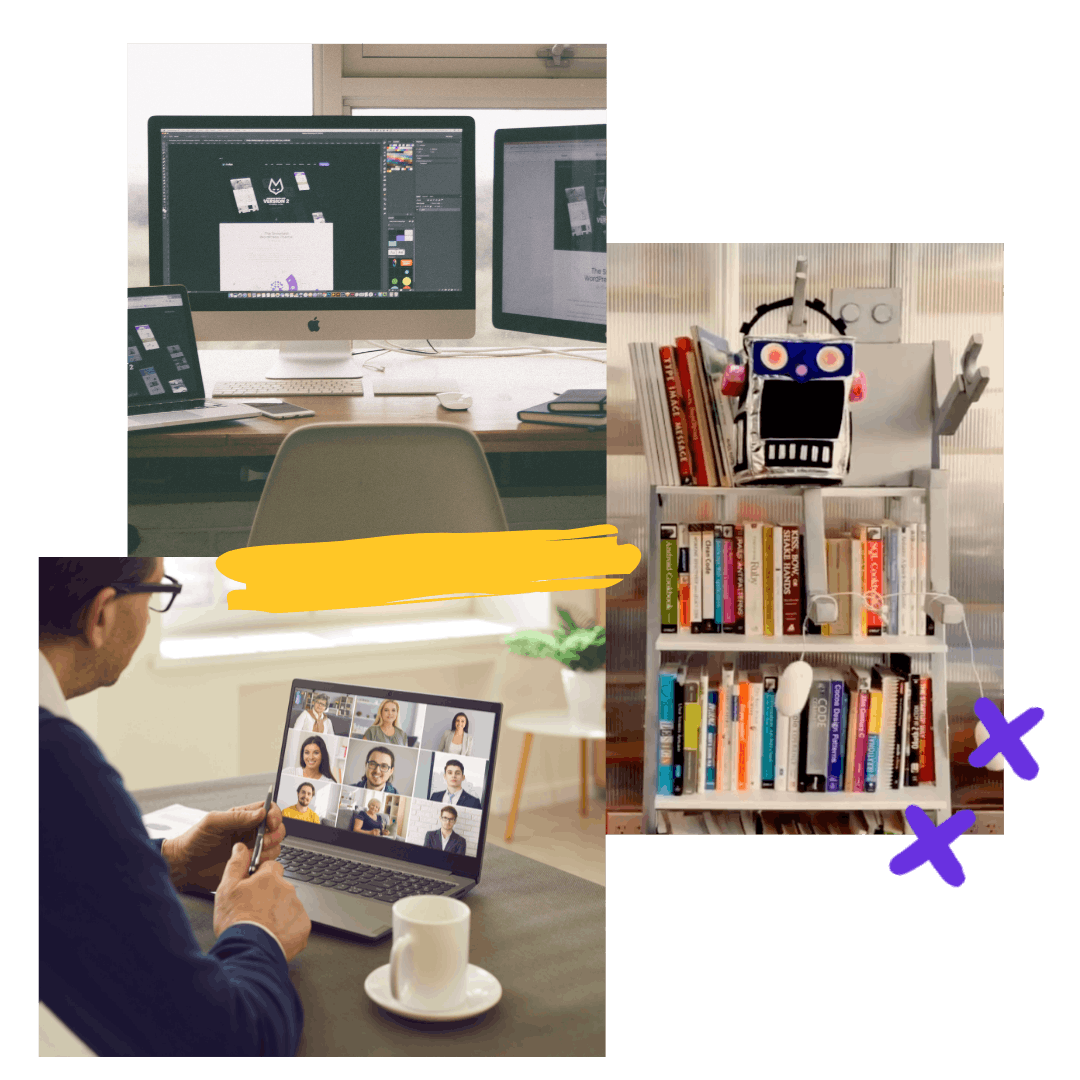 Collage of 3 images: computers on a desk, a bookshelf full of books with a robot toy on top, a person in a video conference on a laptop