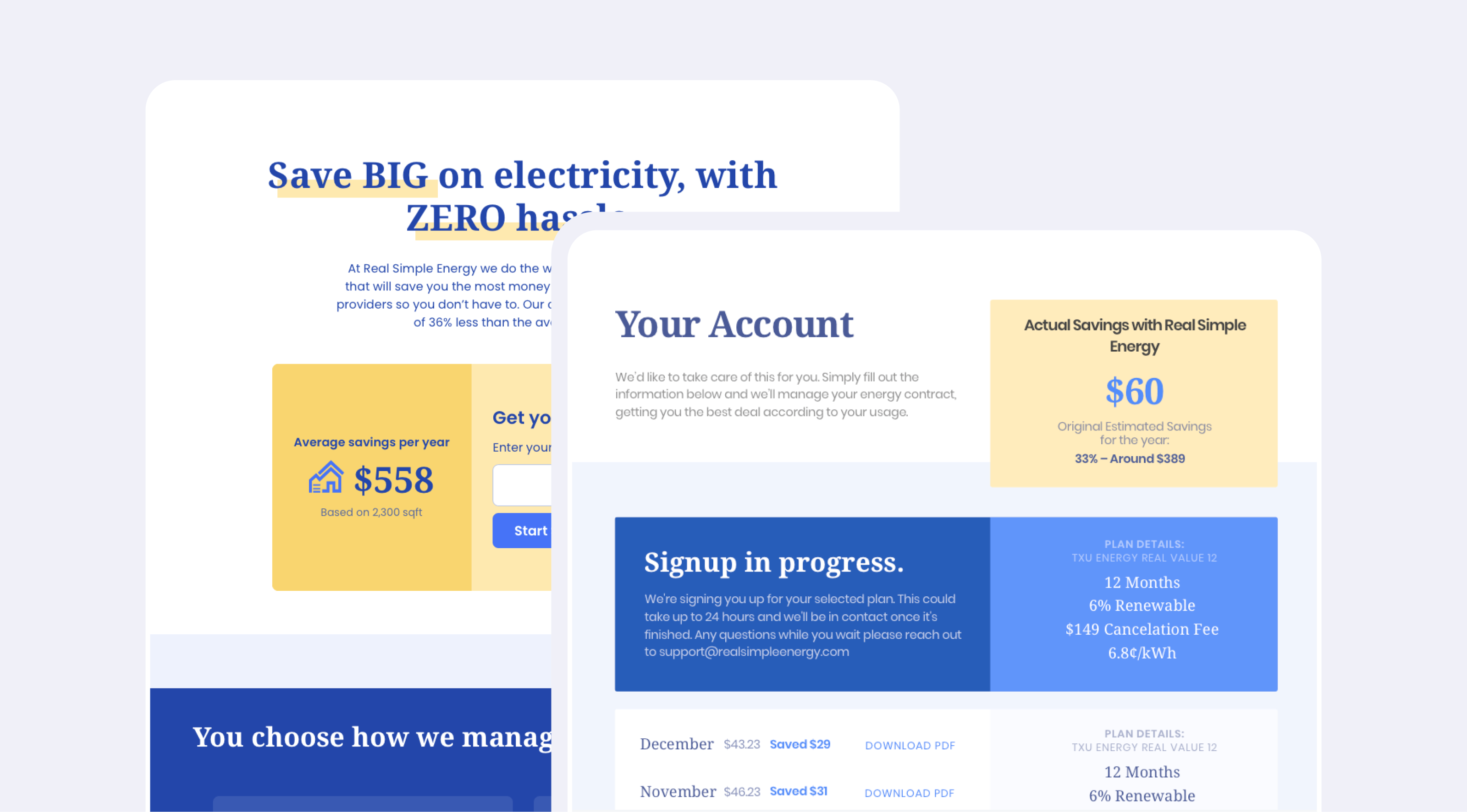 A collage of 2 screenshots from the Real Simple Energy site.