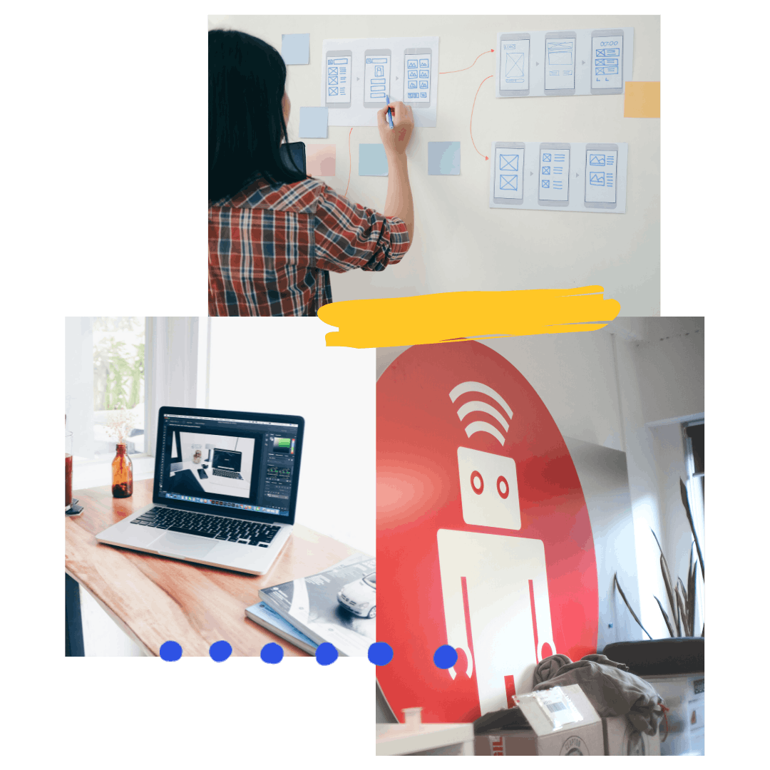 A collage of 3 images: a person drawing prototypes on a whiteboard, a laptop and books on a desk, and the thoughtbot logo on a wall.