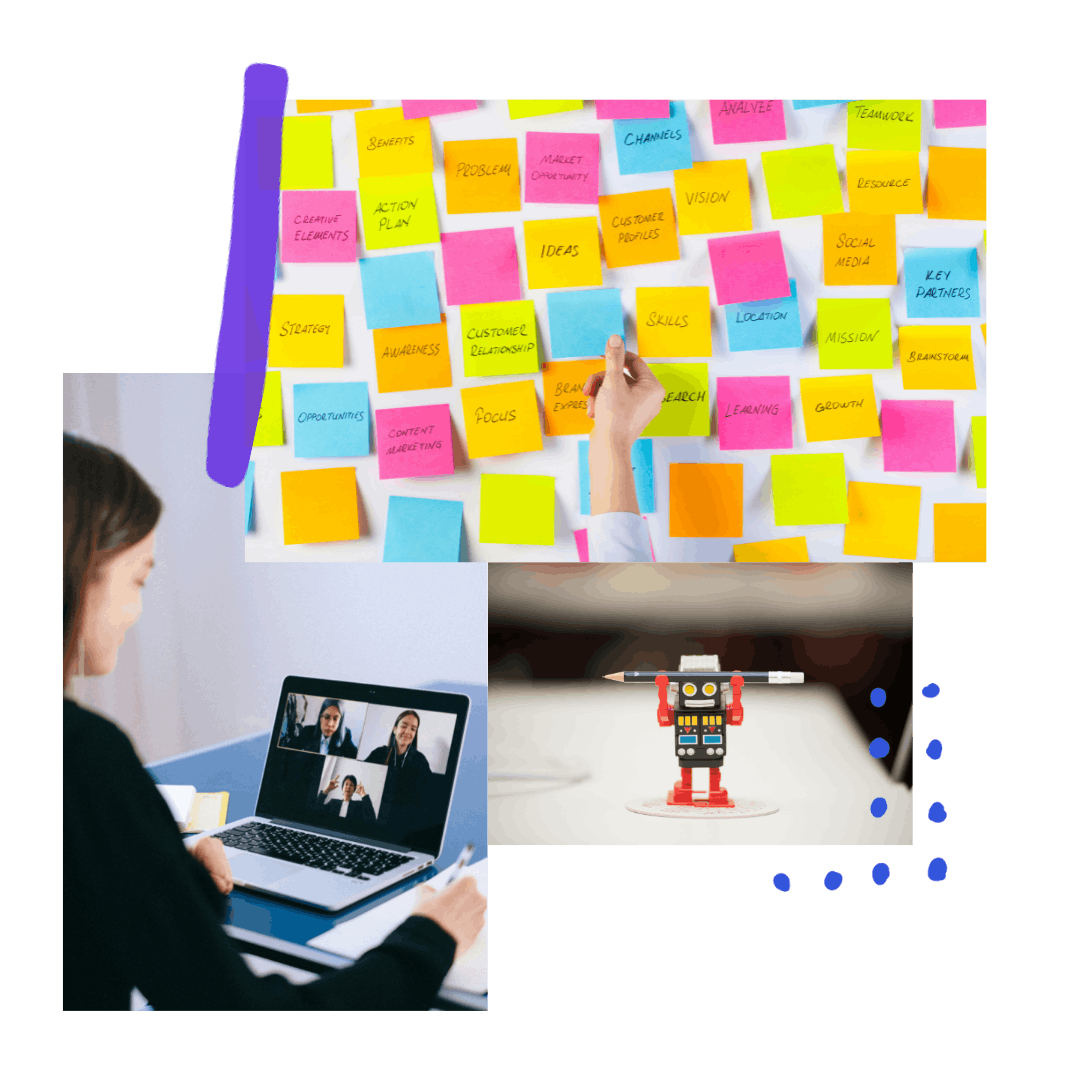 Collage of 3 images: A hand reaching for a sticky note on a wall of notes, A person video conferencing, a robot toy holding a pencil