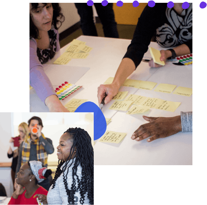 A collage of photos with hand-drawn elements; from top left, three people pointing at post-its on a conference table, a group of people smiling looking off the frame