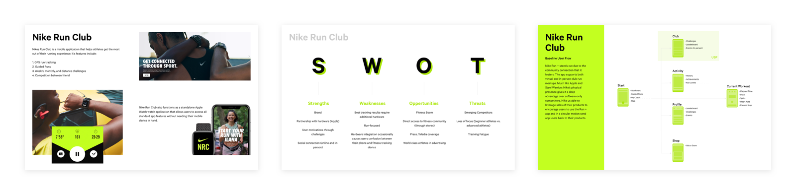 Presentation pages showcasing research outcomes from investigating the 
Nike Run club app