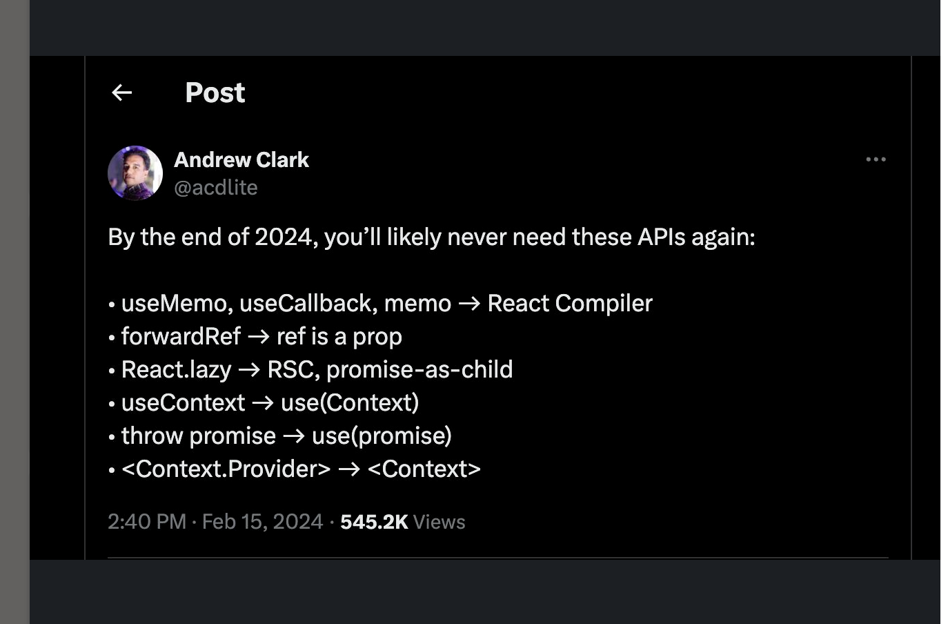 Tweet from Andrew Clark about React 19