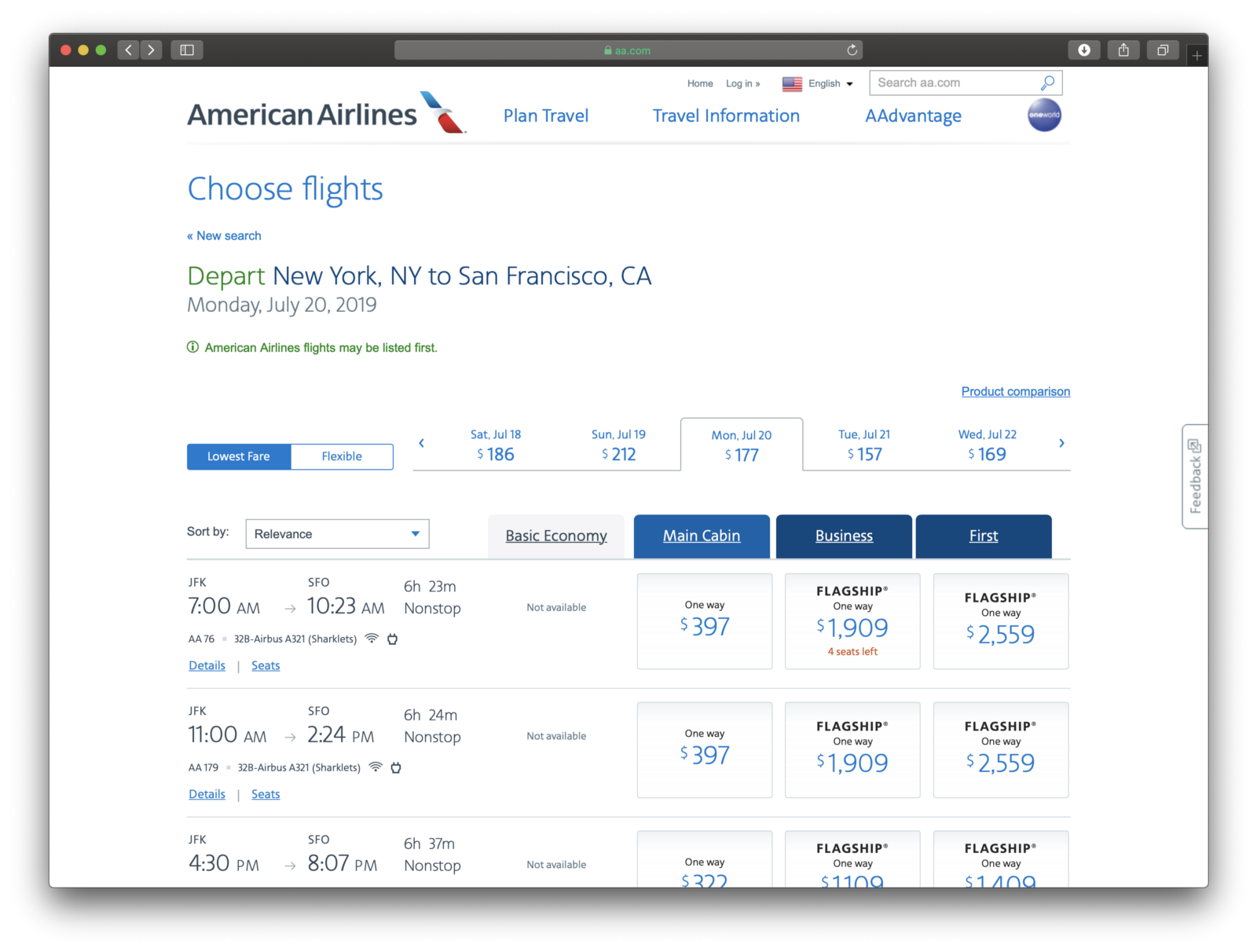 Prices for American Airlines for July 2019