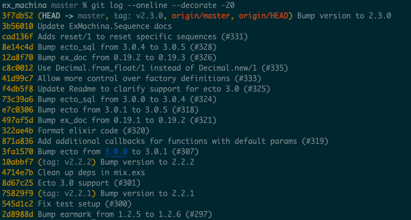 git log --oneline --decorate -20 output