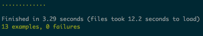 Test Suite Output - 13 examples, 0 failures, Finished in 3.29 seconds