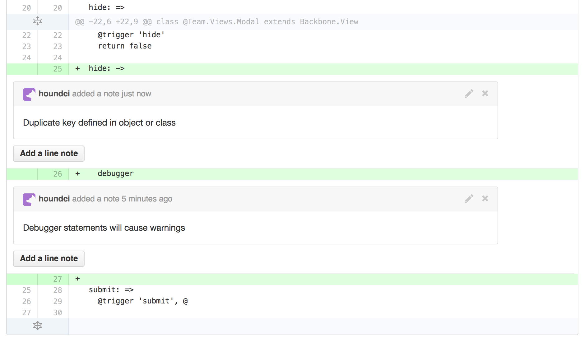 Screenshot of Hound linting CoffeeScript file