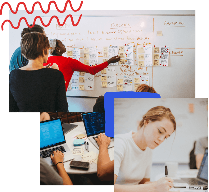 Collage of three photos: the first is of three thoughtbot team members in front of sketches pinned up on a whiteboard; the second shows two laptops with post-it notes spread around the table; the third is of a designer focused on sketching on a piece of paper