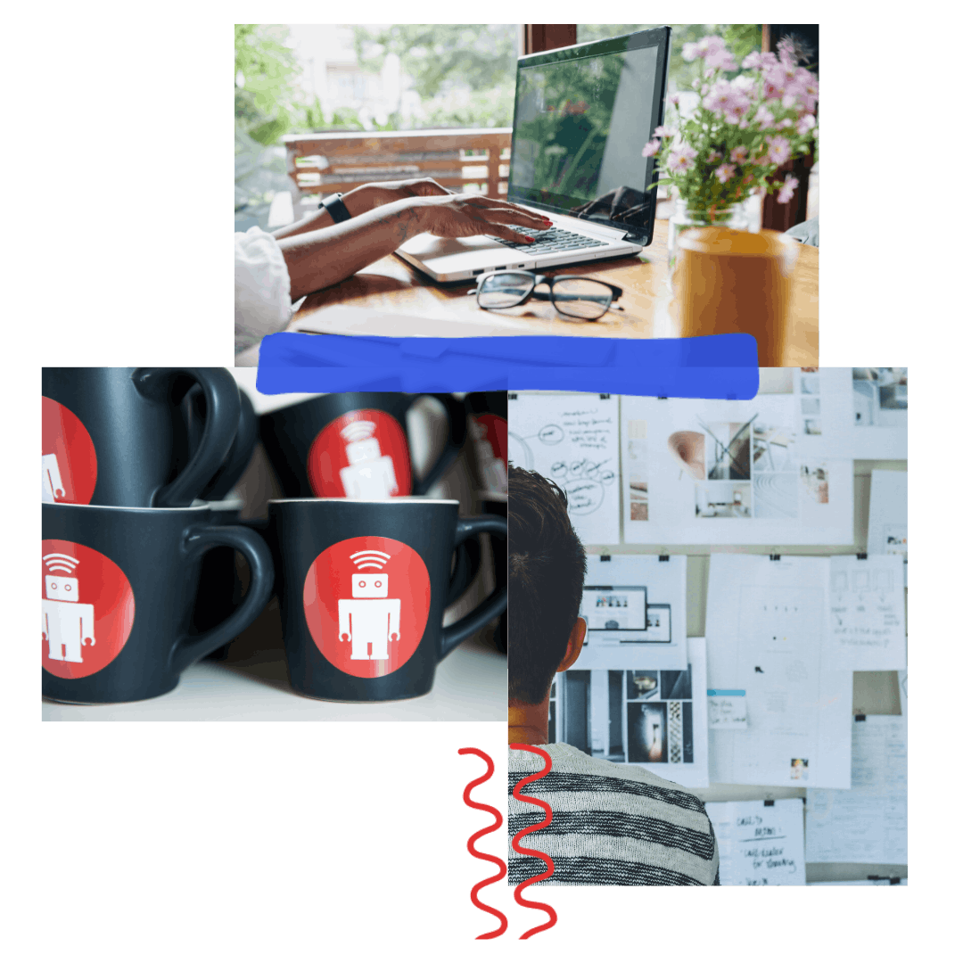 collage of 3 images: hands typing on a laptop, black coffee mugs with the thoughtbot logo, a person looking at sketches taped to a wall