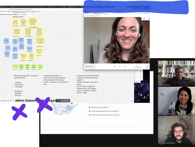 An image collage and hand drawn elements, top left a screenshot of people working on an online whiteboard and post-its. bottom right a conference call with three people on it.