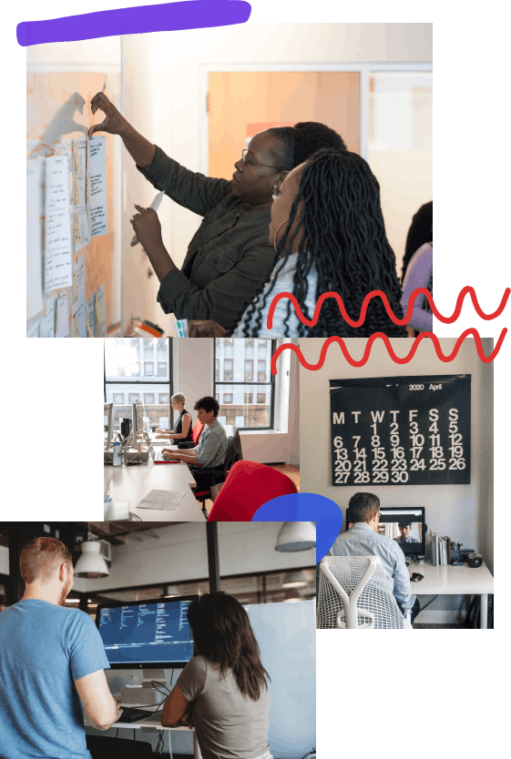 A photo collage depicting people at work consisting of four photos and three hand-drawn elements, from top to bottom; two people pinning up storyboard sketches during a design sprint, two developers working side by side at their desks in a well lit office, a designer sitting on a video call at a desk below a wall calendar, the backs of a designer and developer working together on code at the same desk 