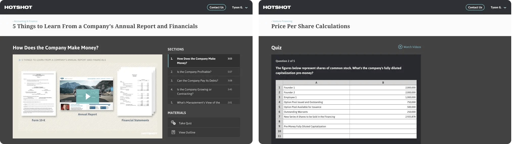 Two application screens from the hotshot project of their learning interface