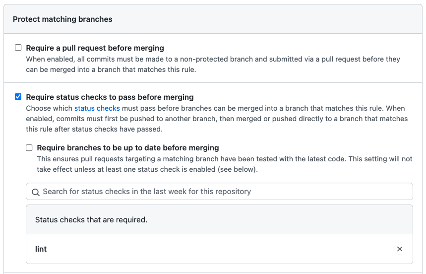 Image that shows a GitHub form with the option "Require status checks to pass before merging" selected.