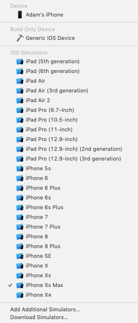 Xcode's Destination menu displaying a list of physical and simulated
  devices