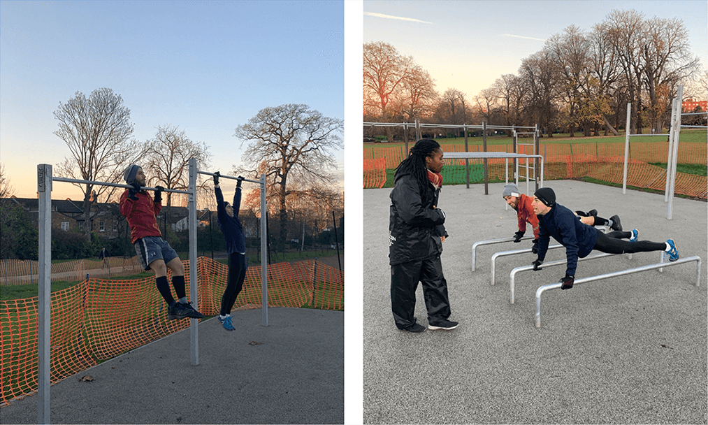 two images side by side showinf individuals working out on the steel warriors gym