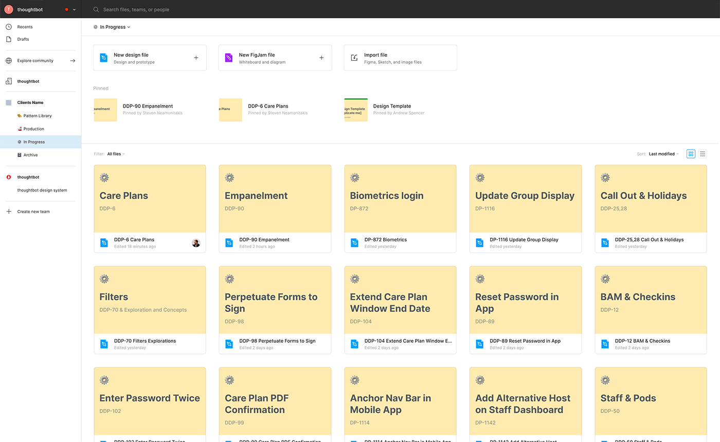 A list of files within Figma where the name of each file has the title of a related Jira ticket