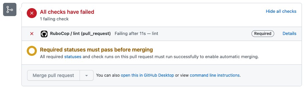 Screenshot of a GitHub Pull Request that includes the text "All checks have failed" and the "Merge pull request" button is disabled.