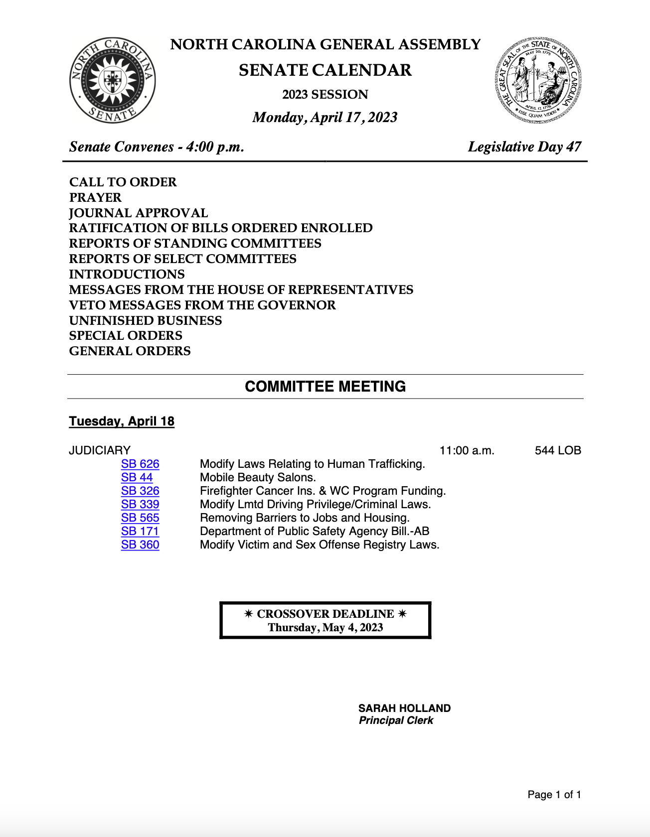 North Carolina General Assembly Senate Calendar April 17th 2023