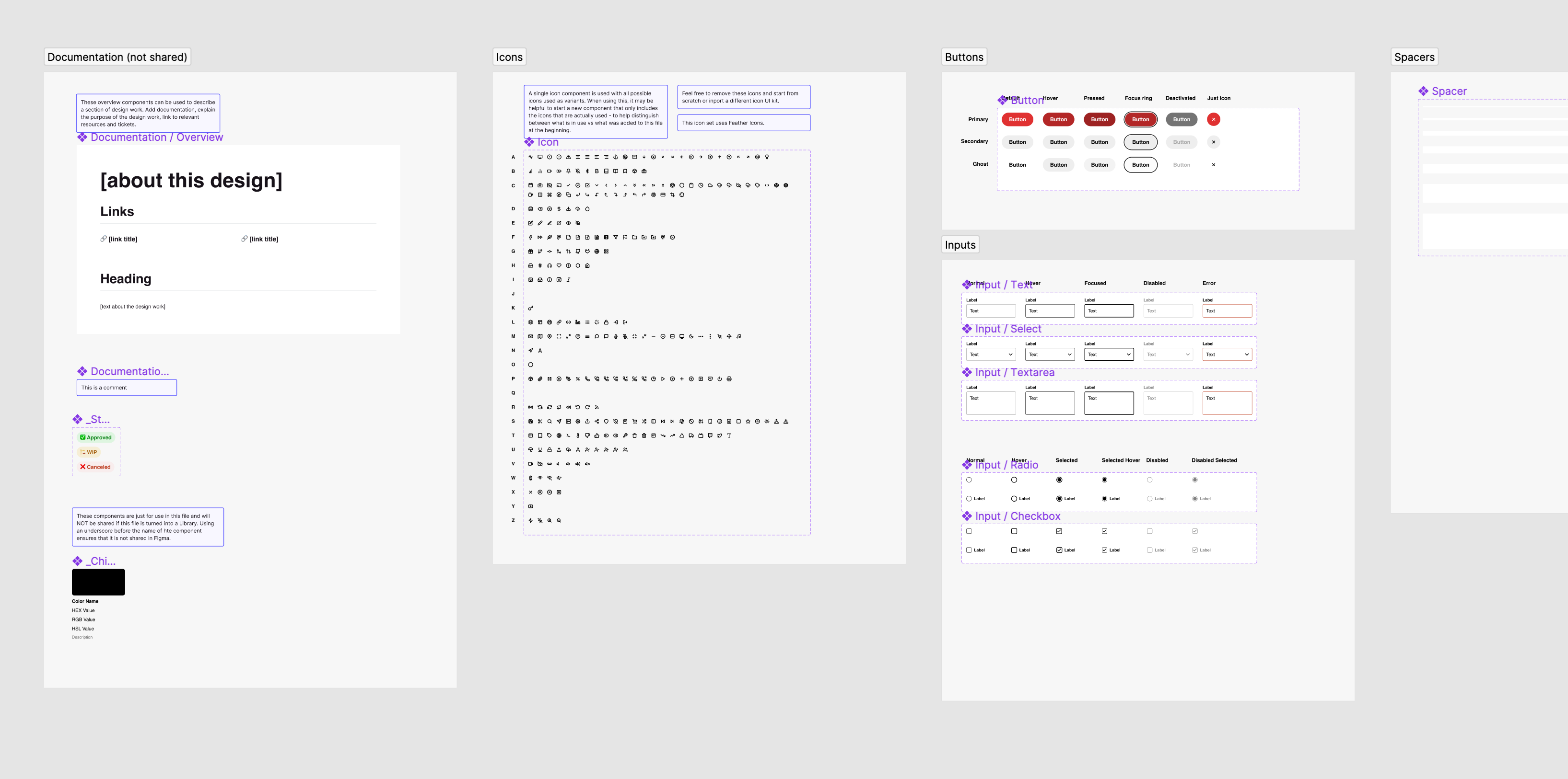 Screenshot of Figma showing the UI Starter Kit file. The page that is open shows a variety of design styles including branding, colors, typography, spacing, and shadows.