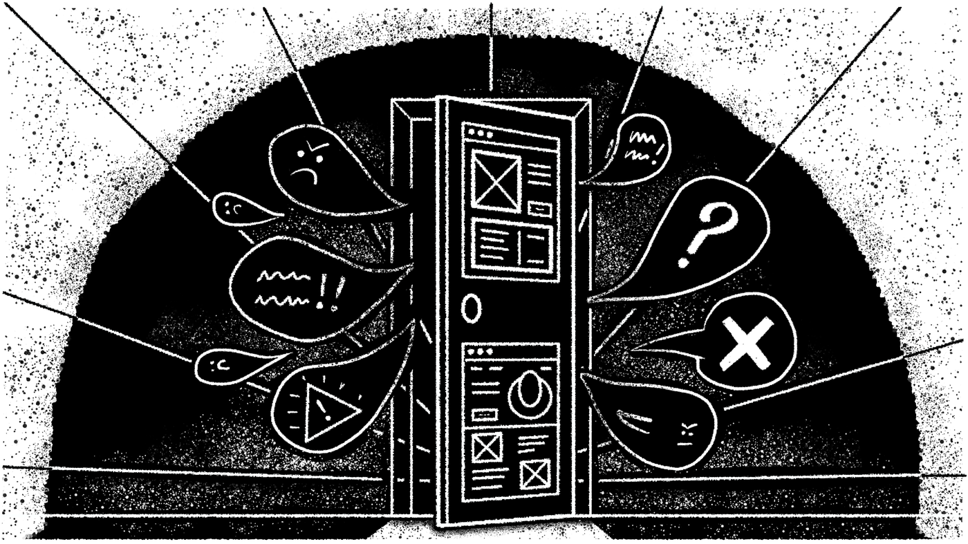 Illustration: Behind the user facing interface (a metaphoric door) lies
darkness, frustration and angry customers