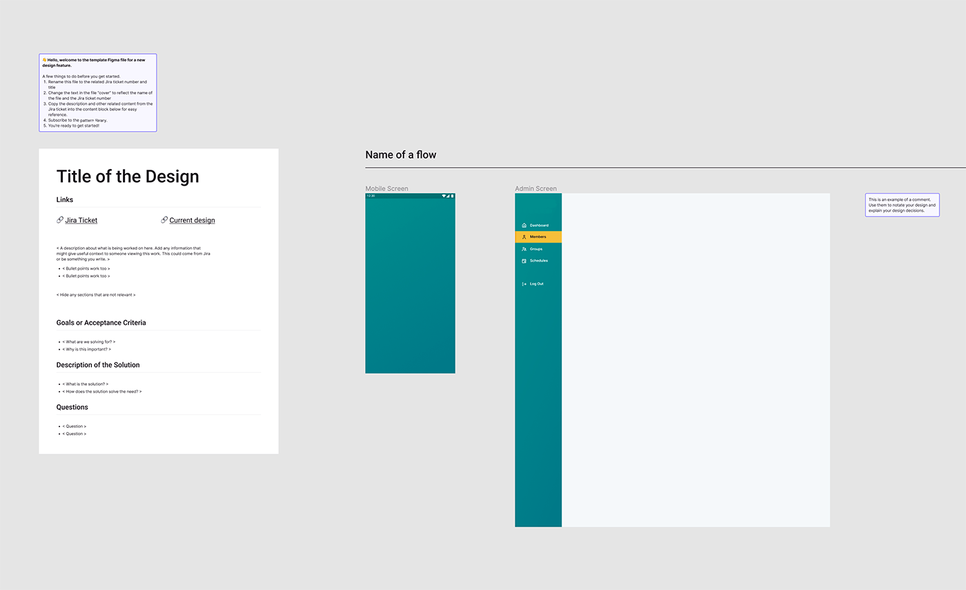 A Figma file starter template that includes a description, comments, and a basic mobile and desktop frame