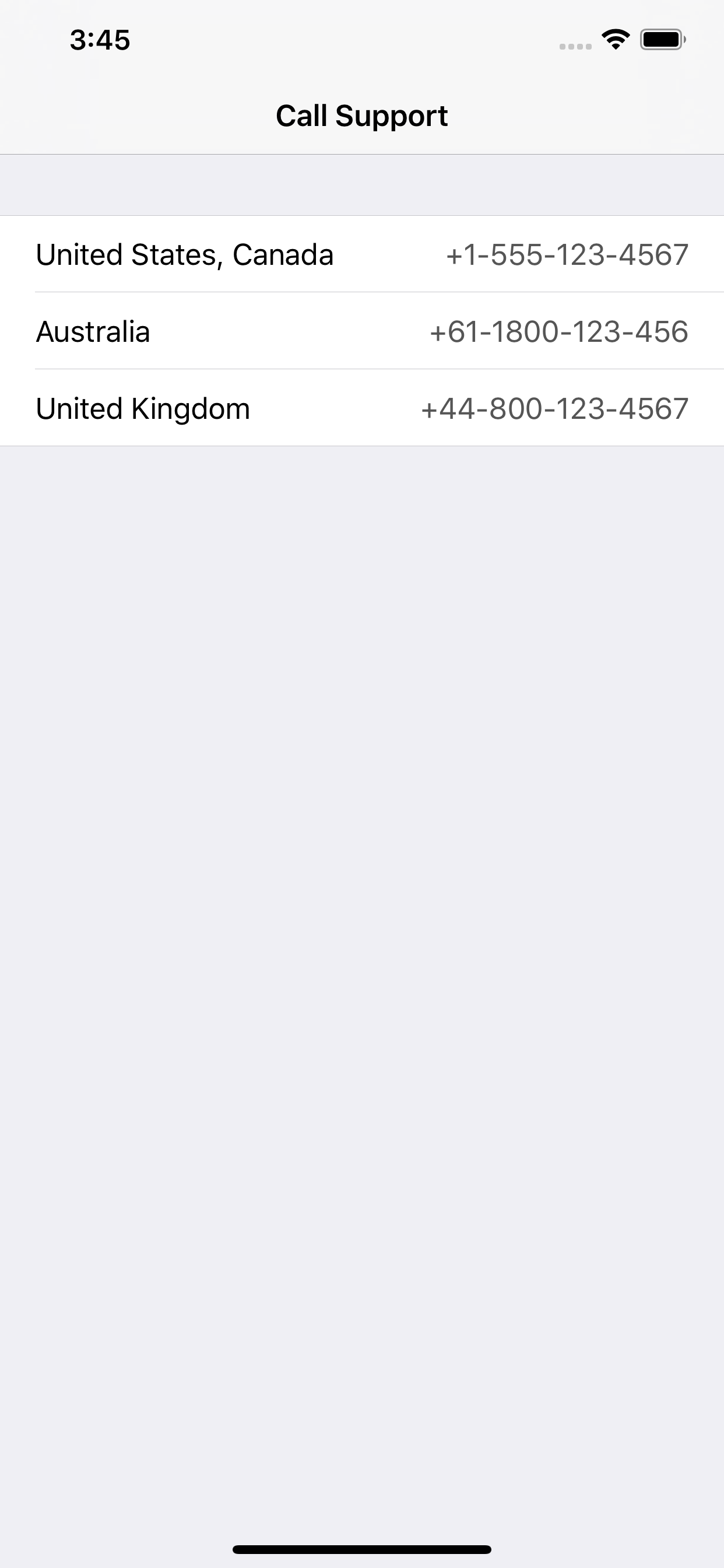 'Call Support' screen with a list of phone numbers for different support
  regions