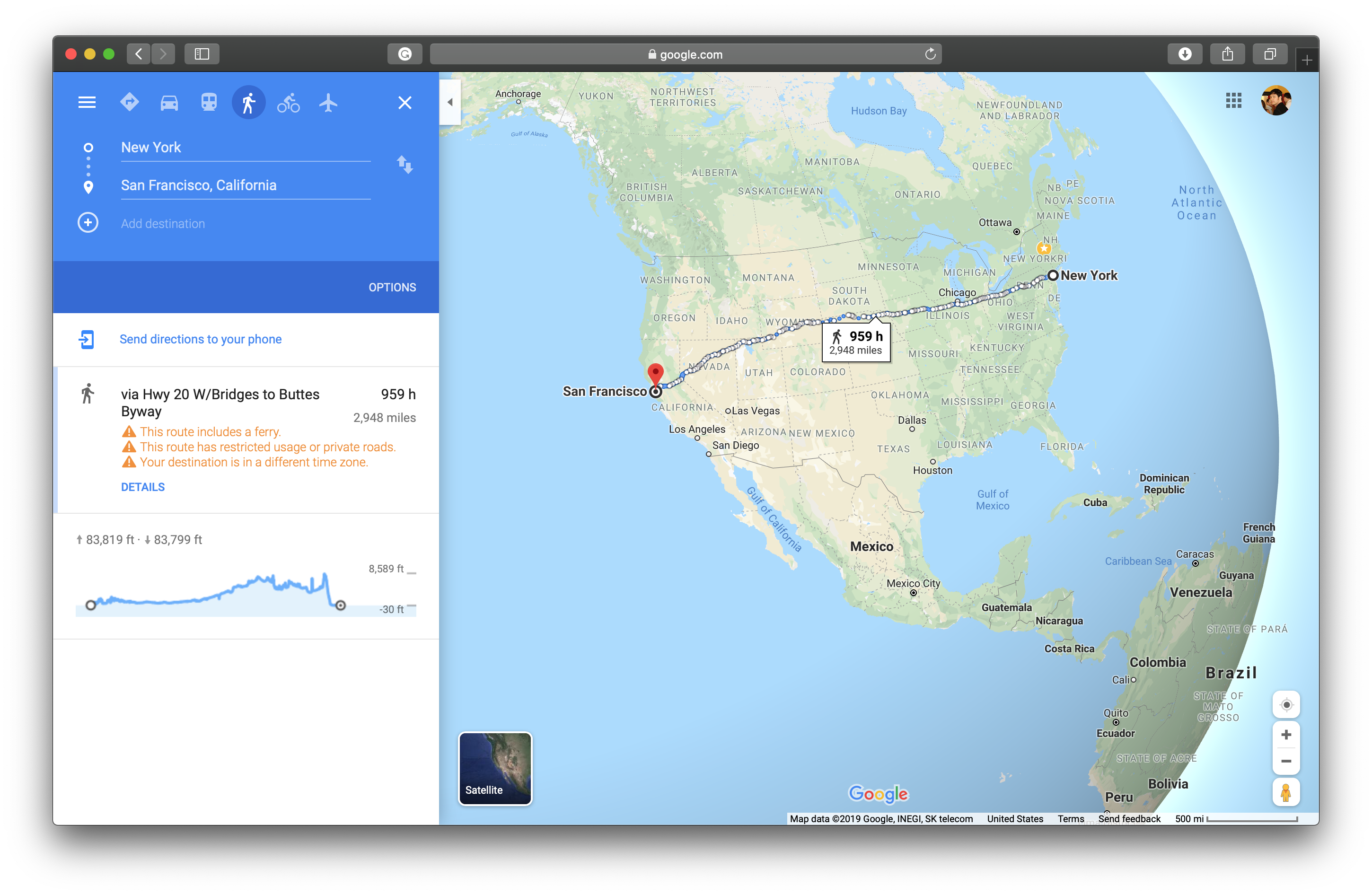 Walking directions from NY to SF via Google Maps