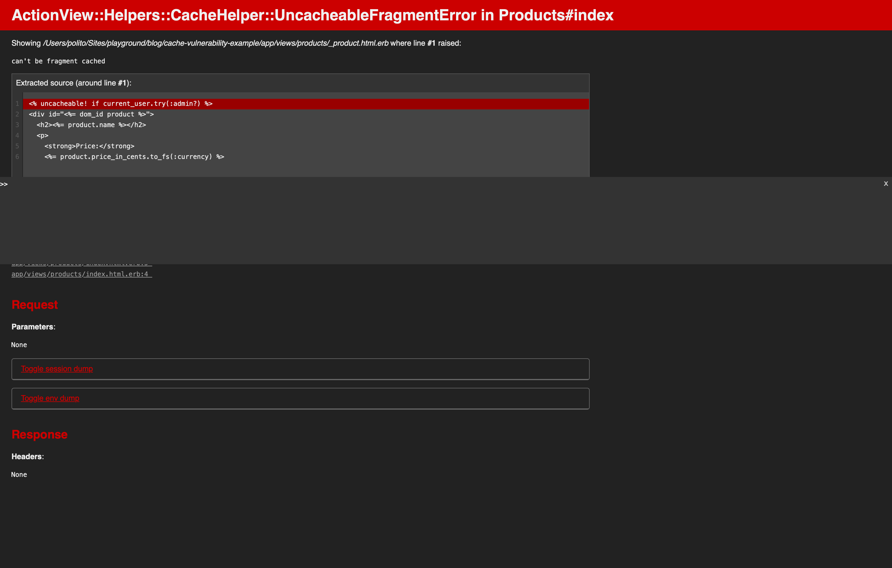 An error screen showing UncacheableFragmentError is raised