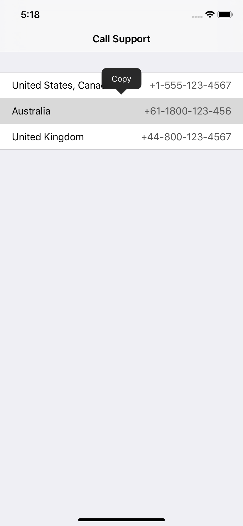 The 'Call Support' screen with a phone number selected and a Copy option
  visible