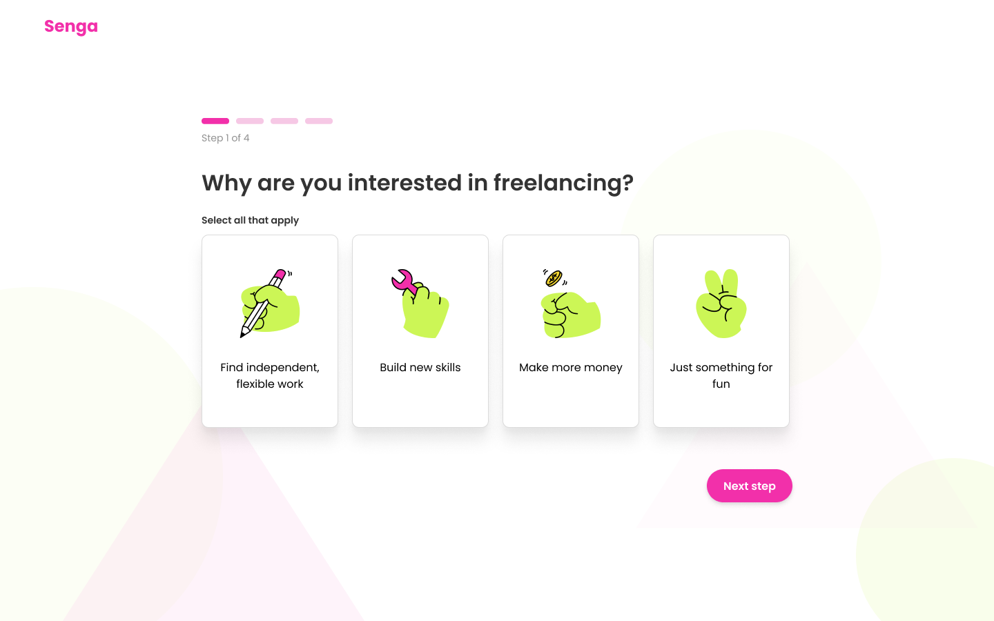 Senga Prototype onboarding screen