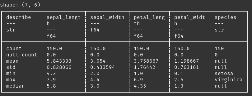 a statistical description of the dataframe