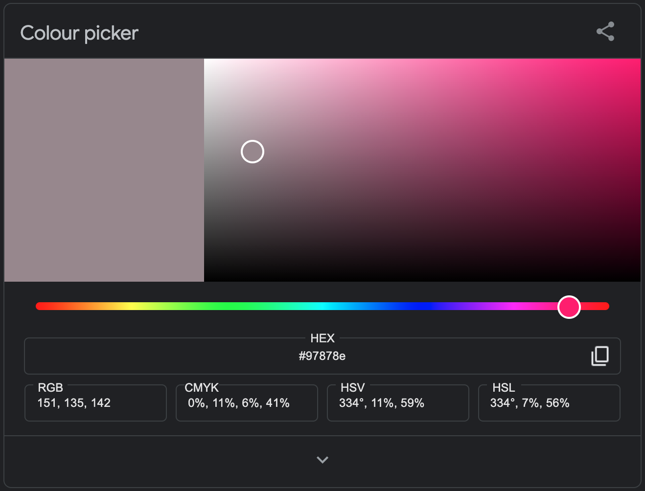 A shade of puce or grayish mauve picked by a color selector containing a range of color shades and values