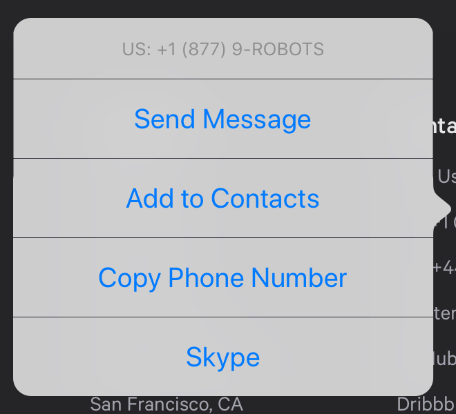 A popover in Safari on iPad with the options 'Send Message', 'Add to
  Contacts', 'Copy Phone Number' and 'Skype'