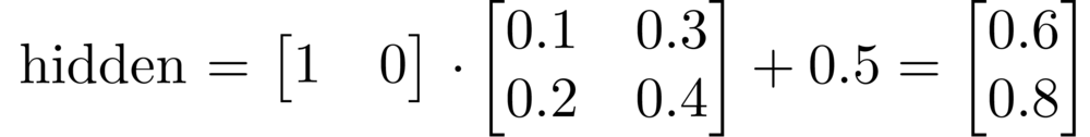 Equation for hidden layer values in linear algebra form. We take the inputs
and multiply them by the hidden weights and add the bias.